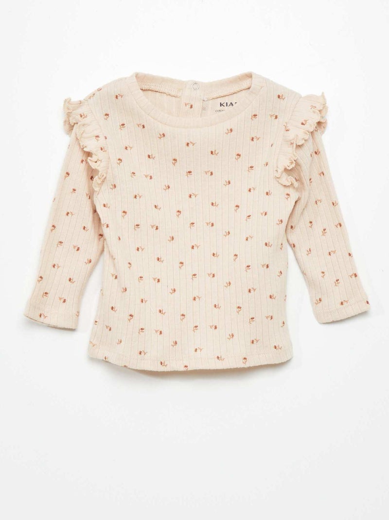 T-shirt maniche lunghe con orli a coste e volant ROSA - Kiabi
