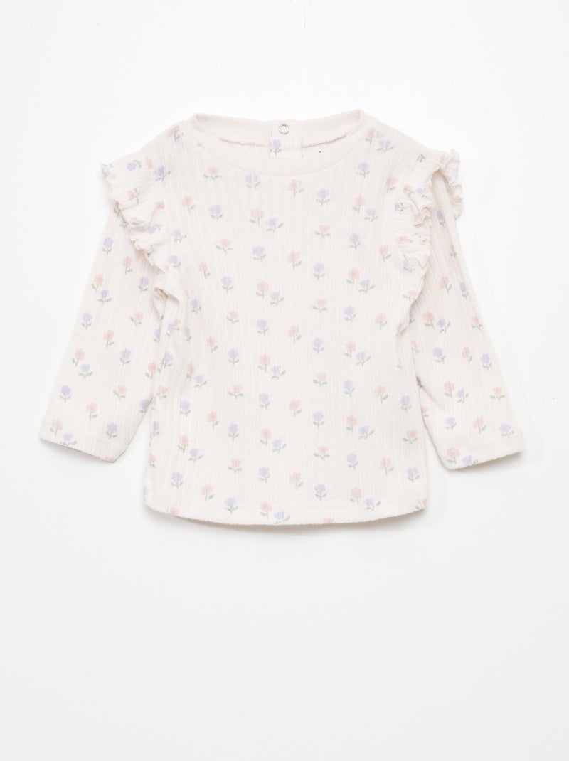 T-shirt maniche lunghe con orli a coste e volant ROSA - Kiabi