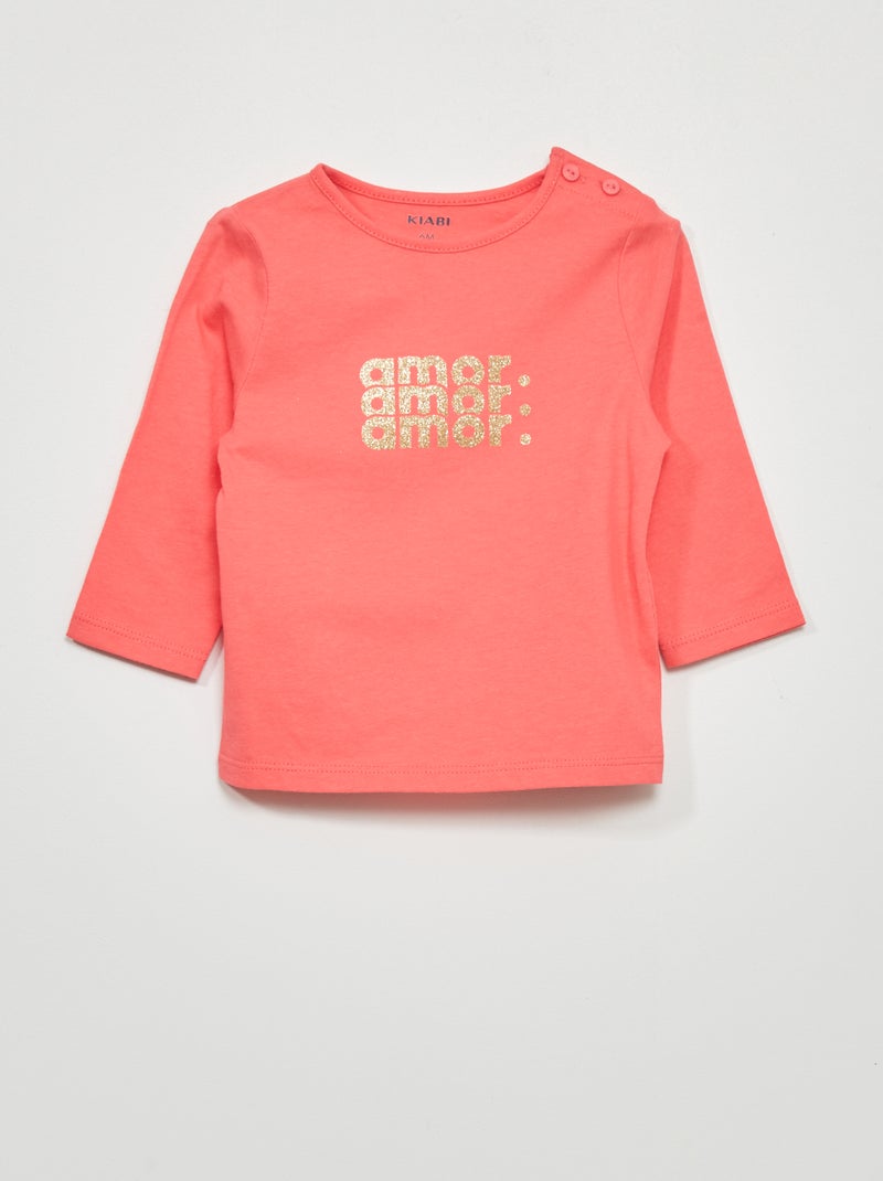 T-shirt maniche lunghe stampata Corallo - Kiabi