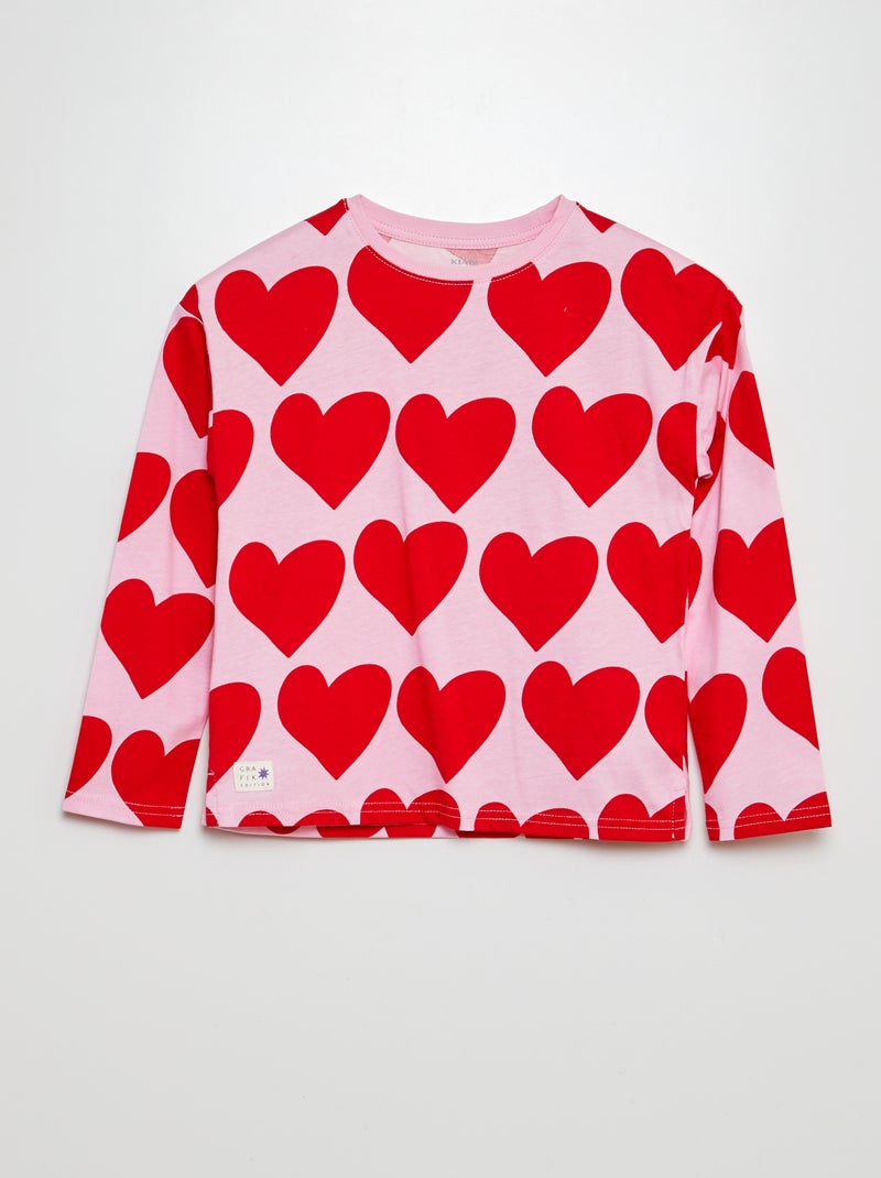 T-shirt maniche lunghe stampato 'cuore' ROSA - Kiabi