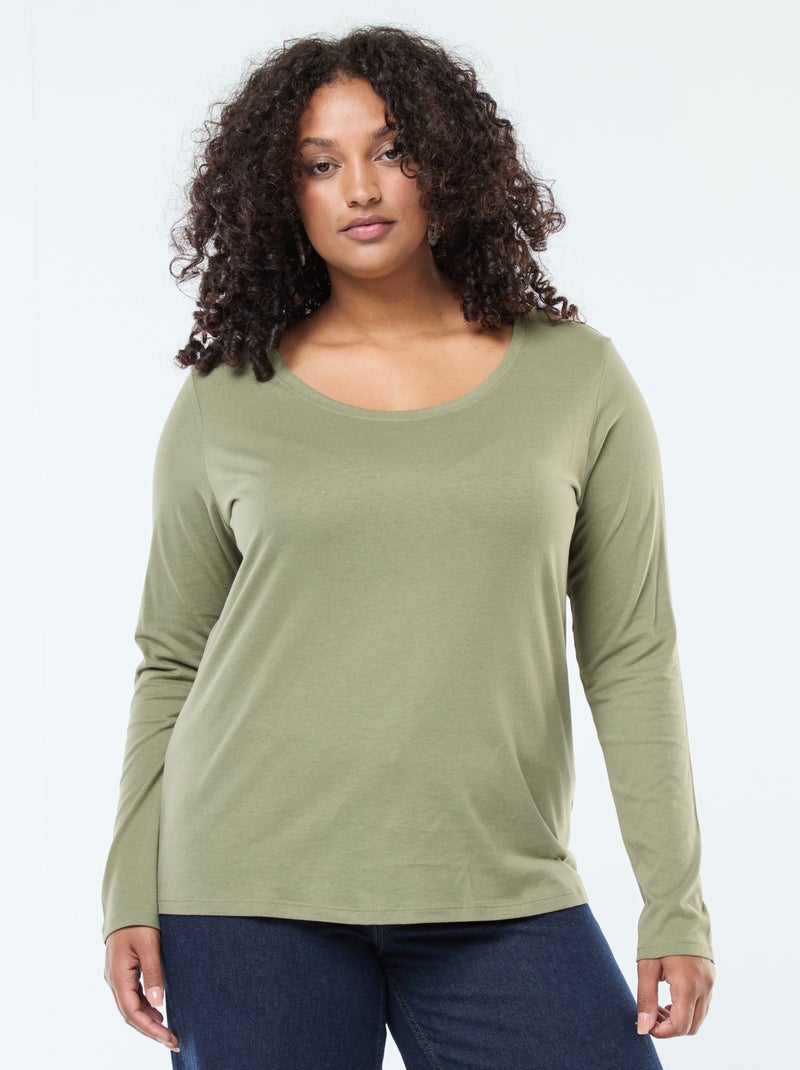 T-shirt maniche lunghe tinta unita in jersey Verde - Kiabi