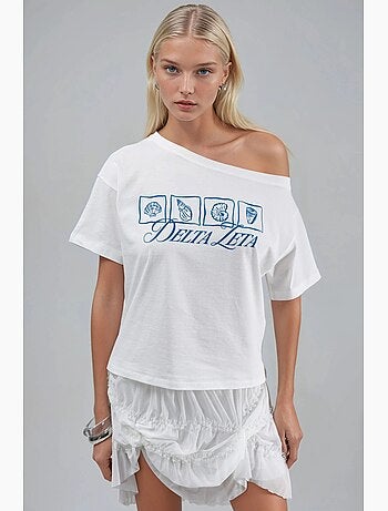 T-shirt monospalla con scollo a barca stampata hiccup