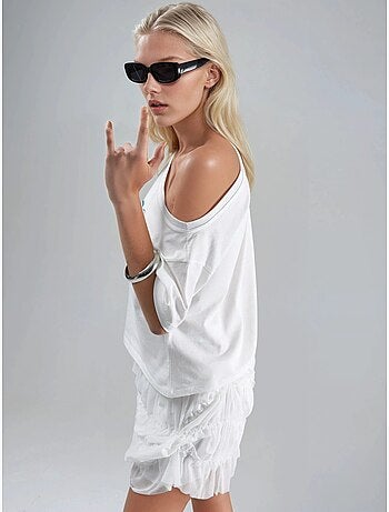 T-shirt monospalla con scollo a barca stampata hiccup