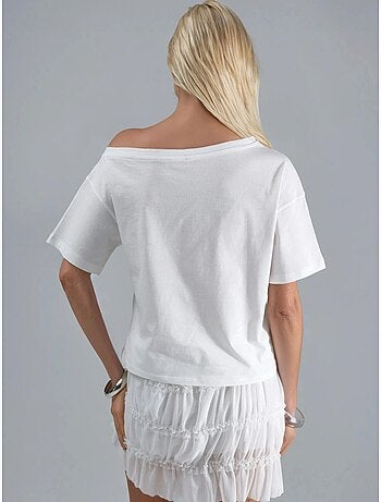 T-shirt monospalla con scollo a barca stampata hiccup