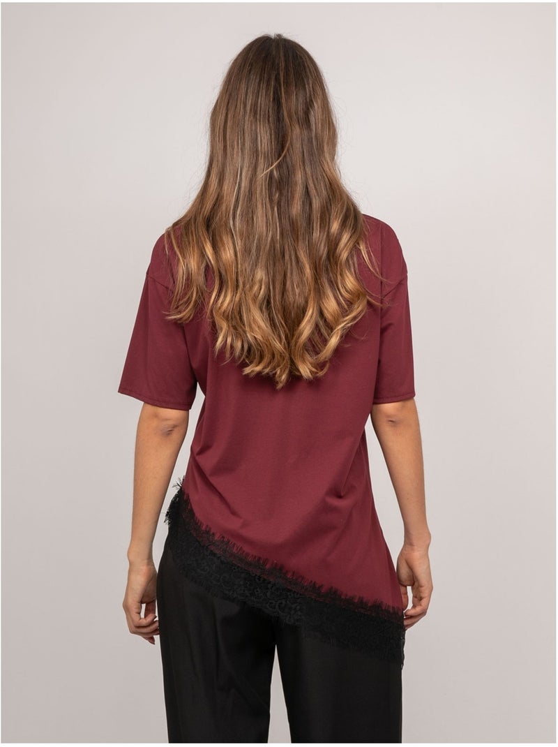 T-shirt oversize asimmetrica con bordo in pizzo forinel Bordeaux - Kiabi