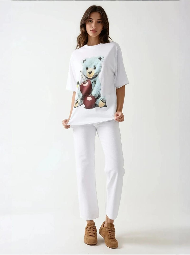 T-shirt oversize con girocollo e stampa hiccup Bianco - Kiabi