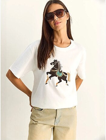 T-shirt oversize con ricamo e paillettes, girocollo lucci