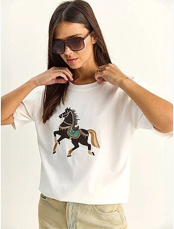 T-shirt oversize con ricamo e paillettes, girocollo lucci