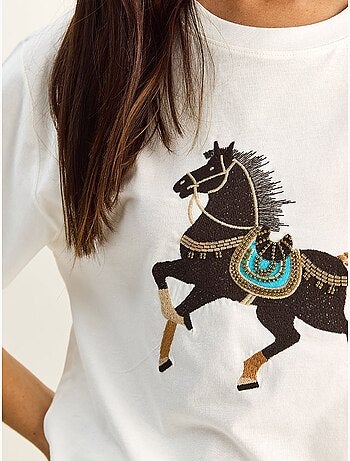 T-shirt oversize con ricamo e paillettes, girocollo lucci