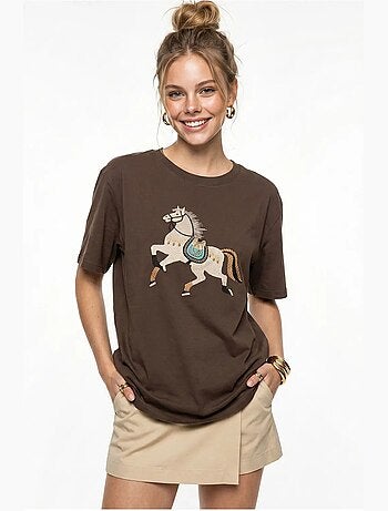 T-shirt oversize con ricamo e paillettes, girocollo lucci