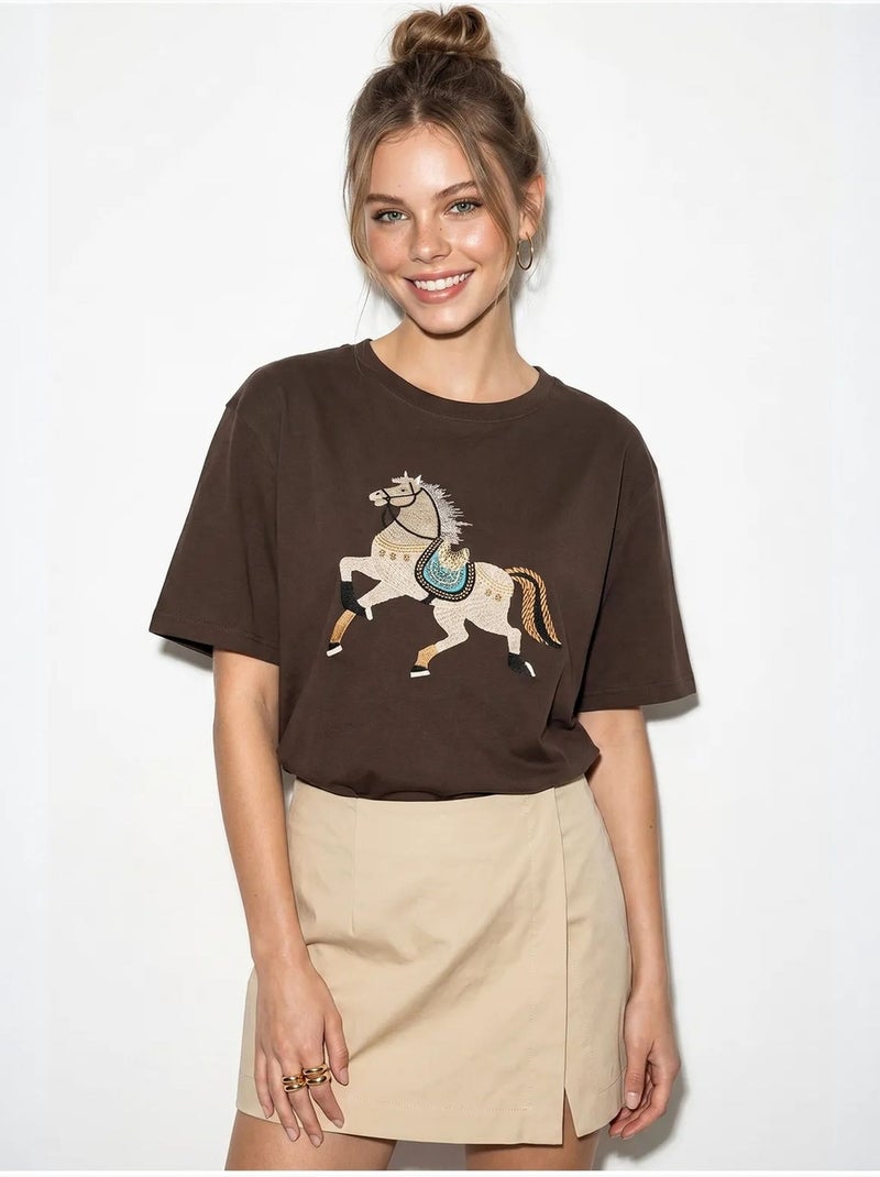 T-shirt oversize con ricamo e paillettes, girocollo lucci Marrone - Kiabi