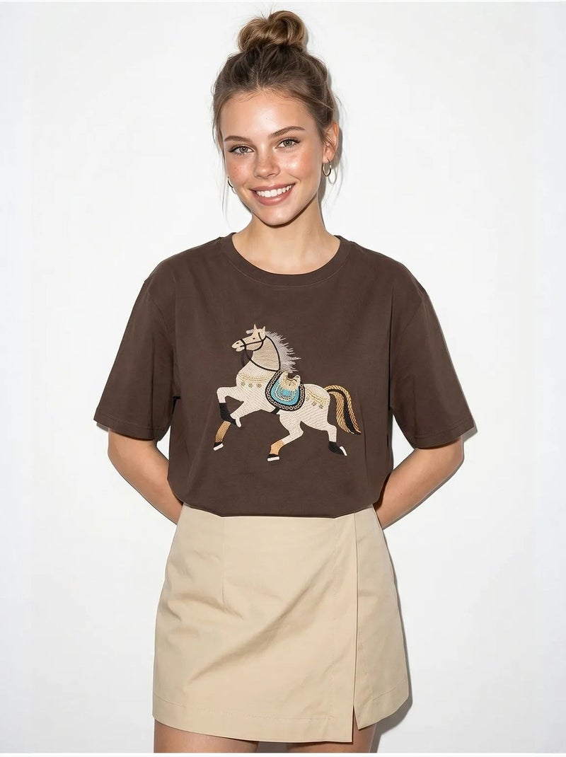 T-shirt oversize con ricamo e paillettes, girocollo lucci Marrone - Kiabi