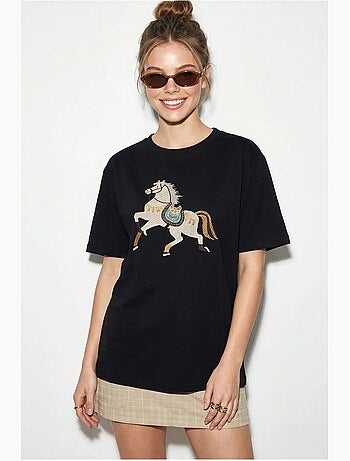 T-shirt oversize con ricamo e paillettes, girocollo lucci