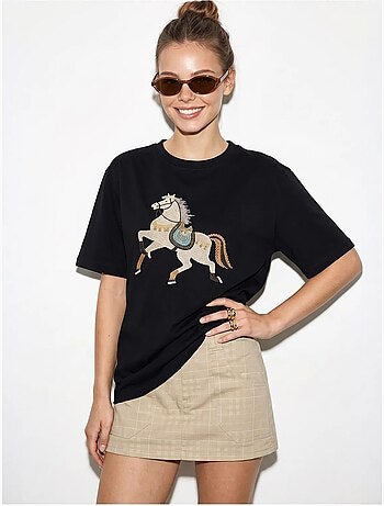 T-shirt oversize con ricamo e paillettes, girocollo lucci