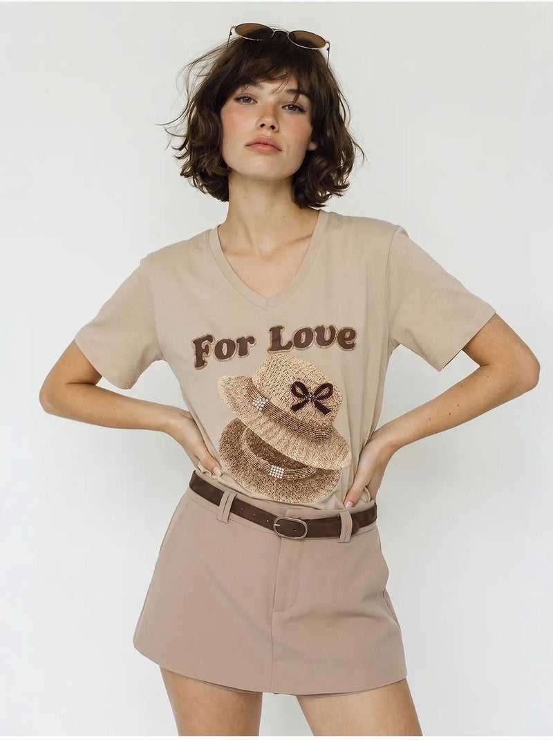T-shirt oversize con scollo a v e stampa lucci Beige argilla - Kiabi