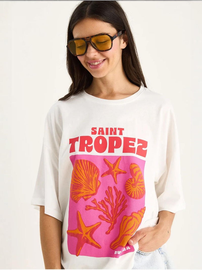 T-shirt oversize con stampa conchiglie in cotone lucci Bianco - Kiabi