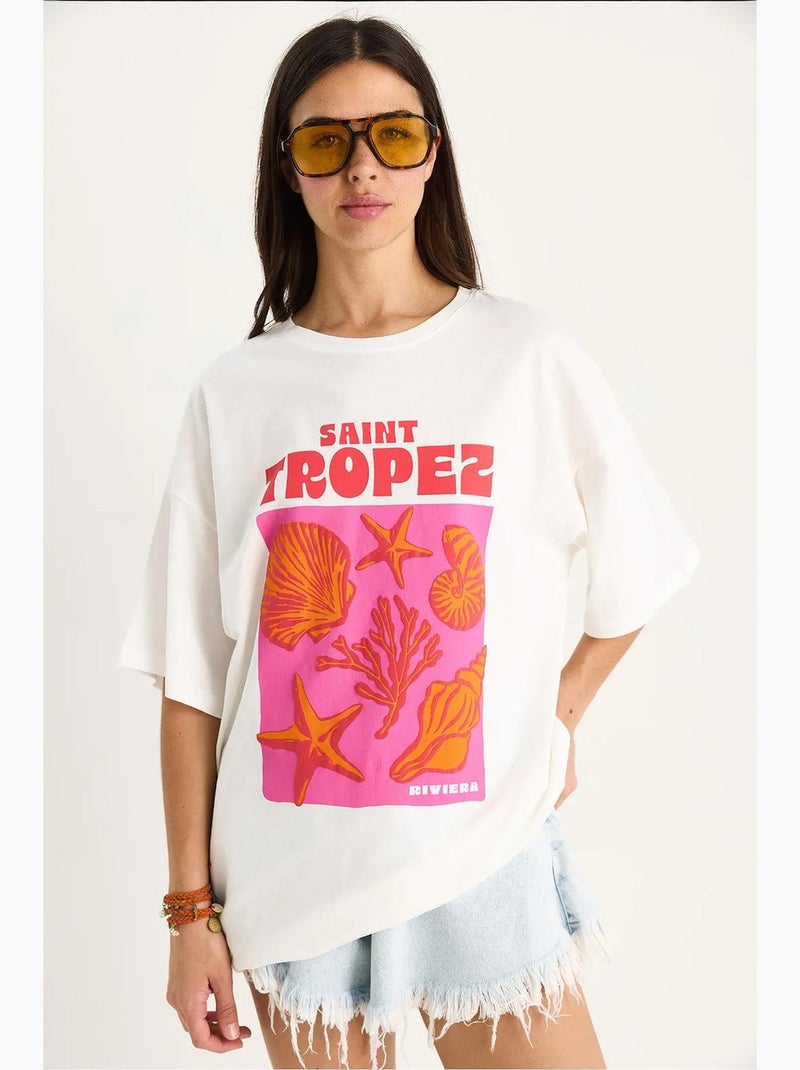 T-shirt oversize con stampa conchiglie in cotone lucci Bianco - Kiabi