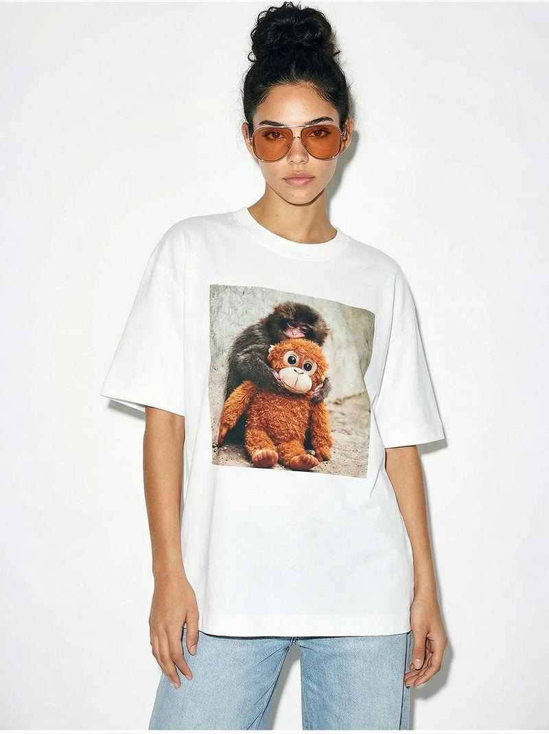 T-shirt oversize con stampa e scollo a girocollo con dettaglio accessorio lucci Bianco - Kiabi