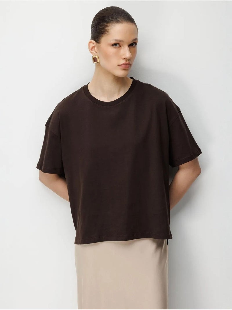 T-shirt oversize girocollo tinta unita con spacchi mixray Marrone cioccolato - Kiabi