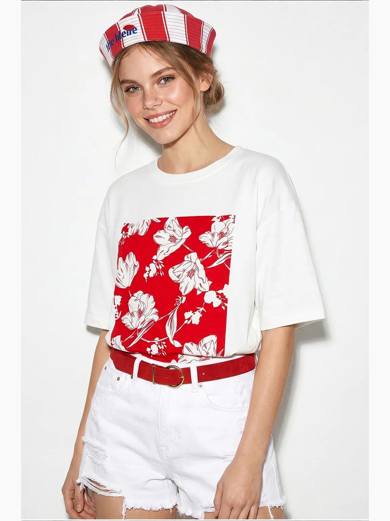 T-shirt oversize in cotone con stampa floreale lucci Bianco Rosso - Kiabi