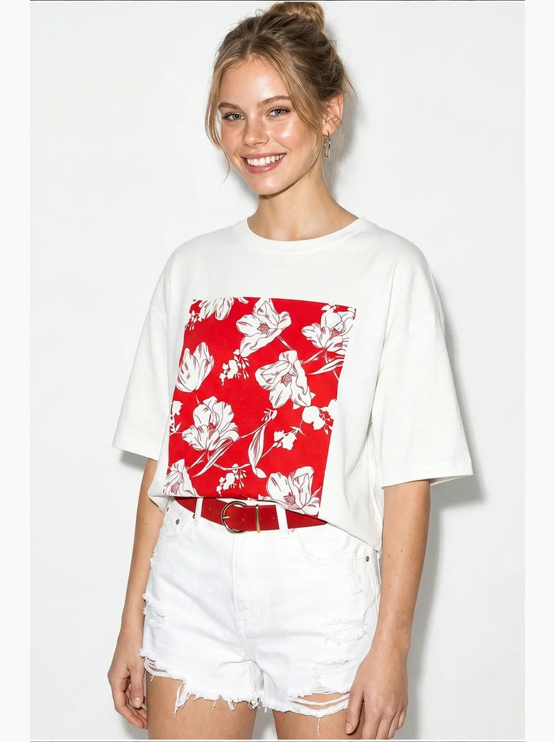 T-shirt oversize in cotone con stampa floreale lucci Bianco Rosso - Kiabi