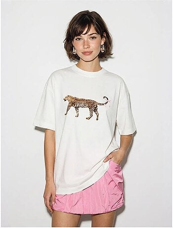 T-shirt oversize in cotone con stampa leopardata lucci