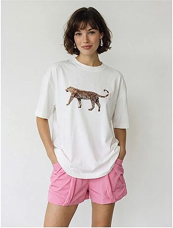 T-shirt oversize in cotone con stampa leopardata lucci