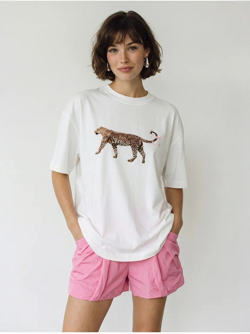 T-shirt oversize in cotone con stampa leopardata lucci Bianco - Kiabi