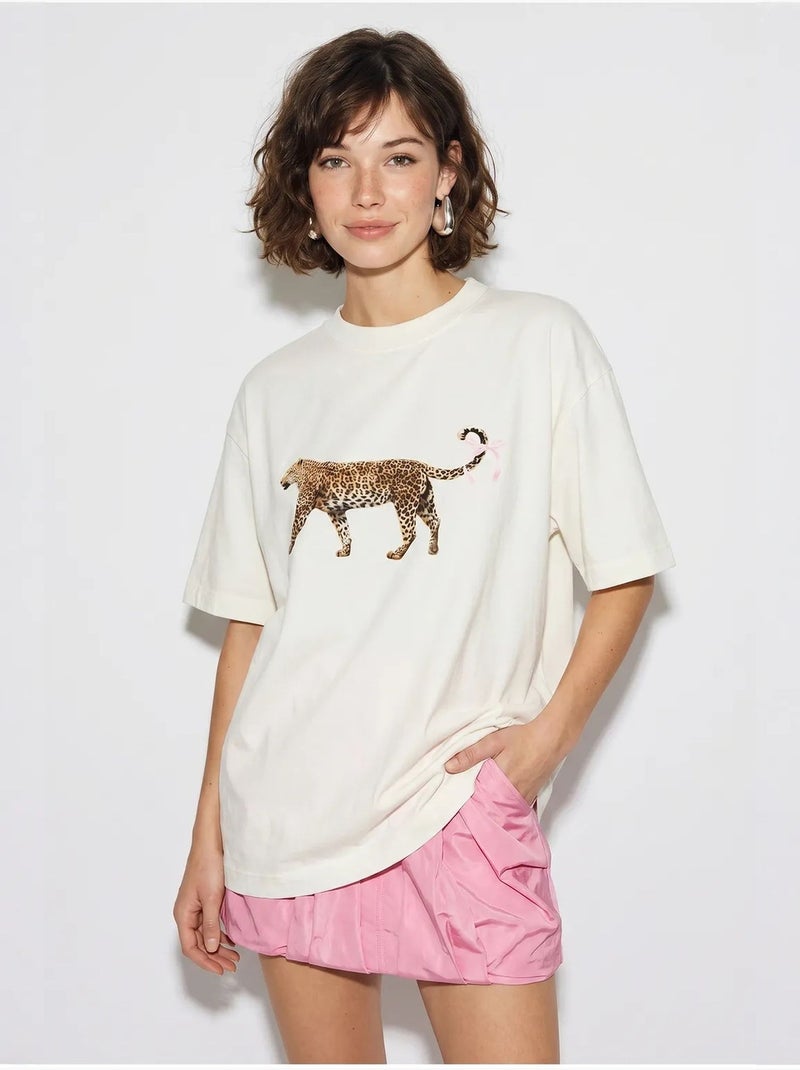 T-shirt oversize in cotone con stampa leopardata lucci Bianco - Kiabi
