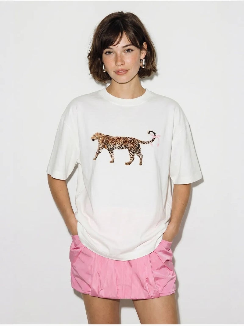 T-shirt oversize in cotone con stampa leopardata lucci Bianco - Kiabi