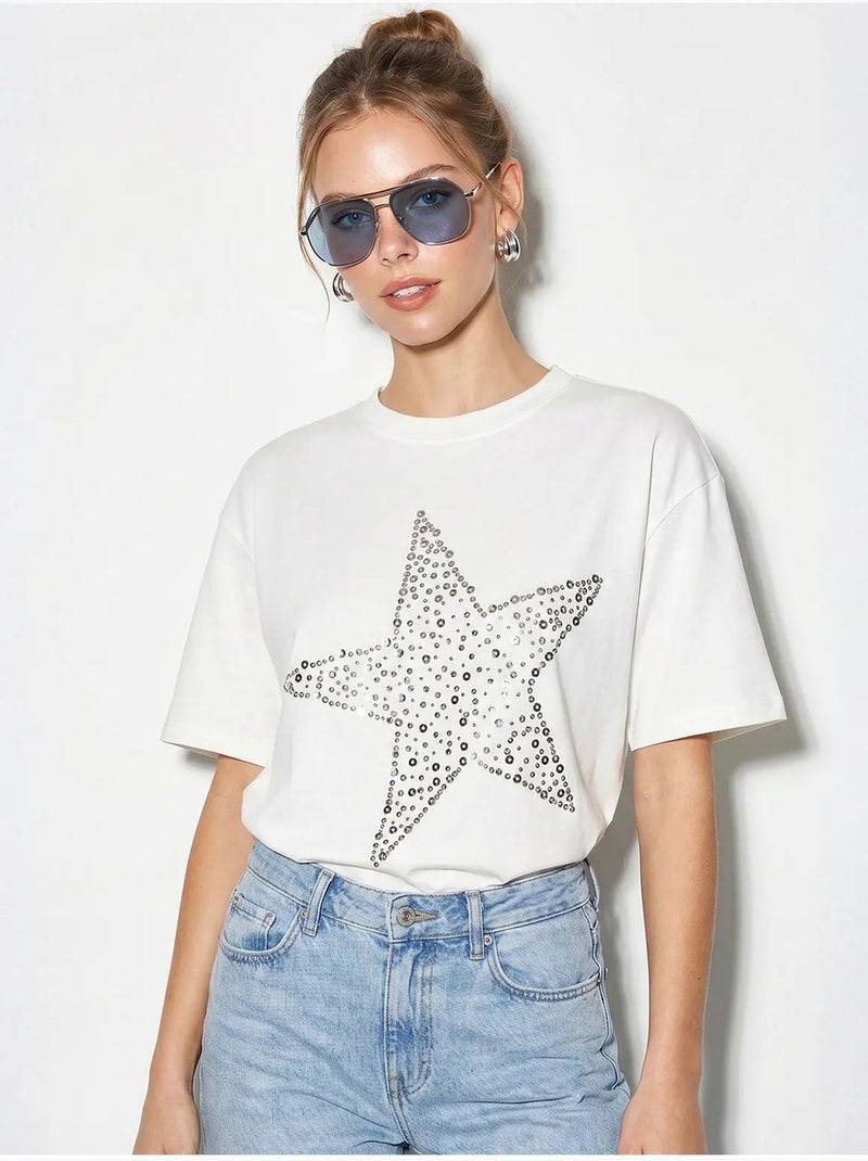 T-shirt oversize in cotone con stella di paillettes lucci Bianco sporco - Kiabi