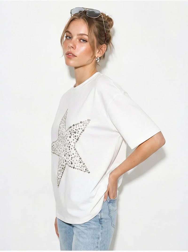 T-shirt oversize in cotone con stella di paillettes lucci Bianco sporco - Kiabi