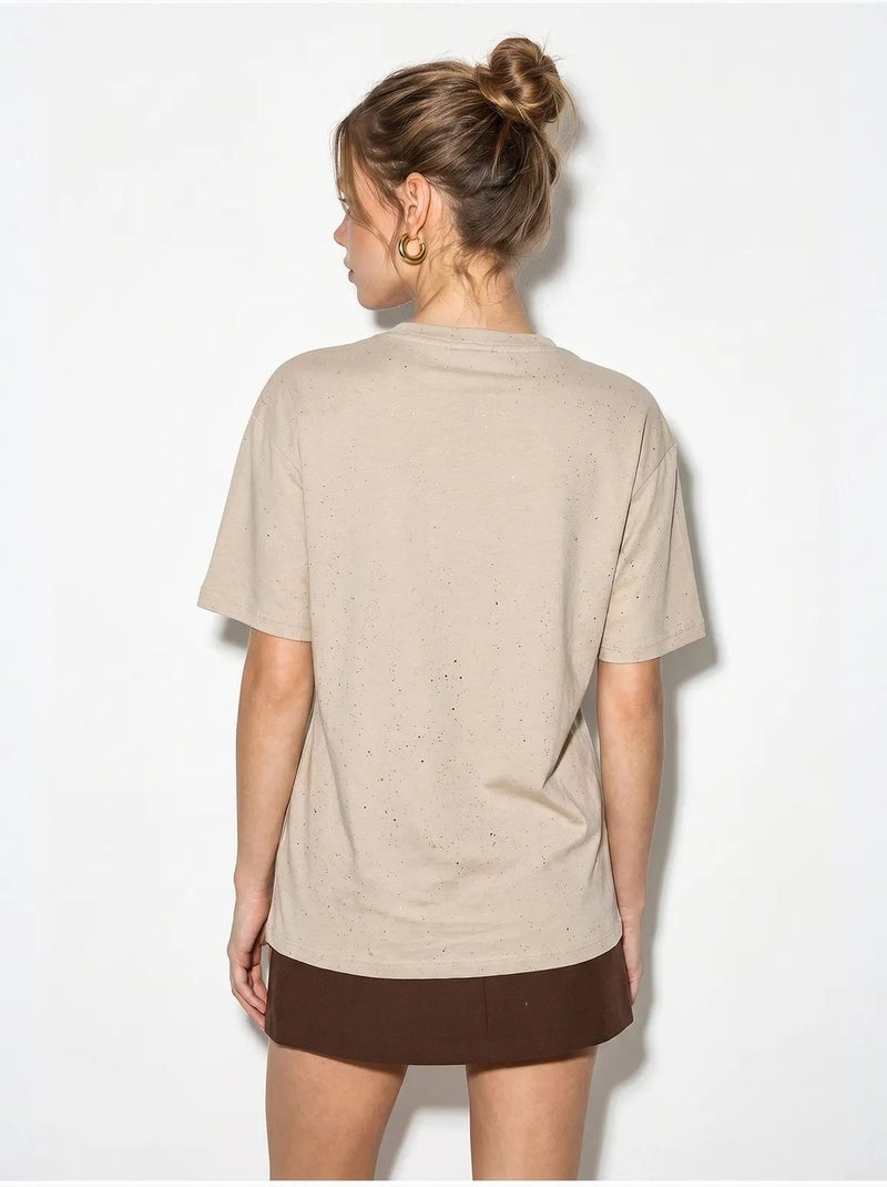 T-shirt oversize in jersey di cotone con girocollo lucci Beige argilla - Kiabi