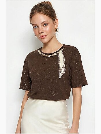T-shirt oversize in jersey di cotone con girocollo lucci