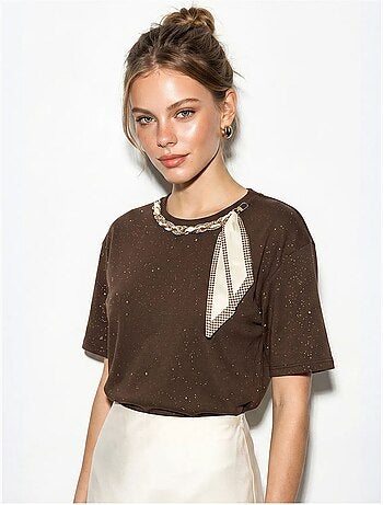 T-shirt oversize in jersey di cotone con girocollo lucci