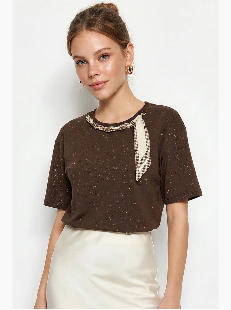 T-shirt oversize in jersey di cotone con girocollo lucci Marrone - Kiabi