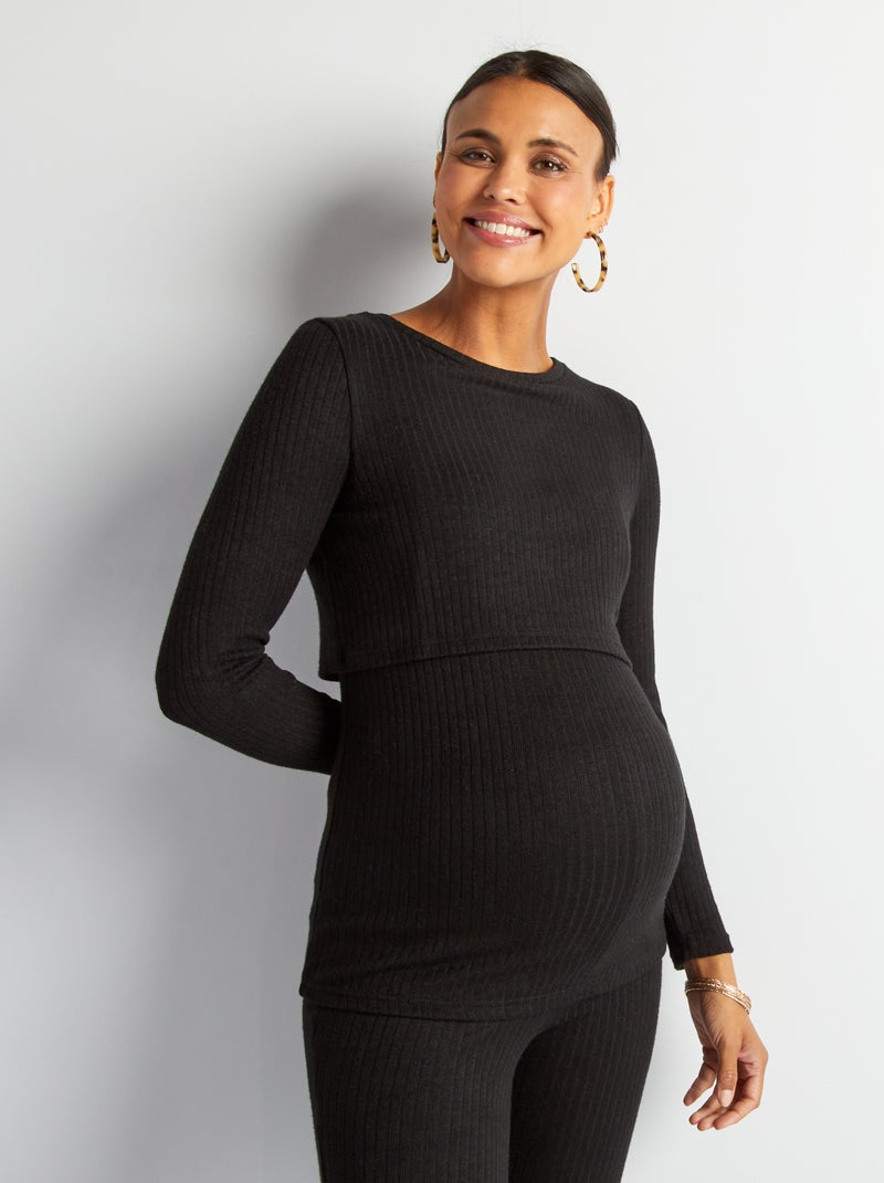 T-shirt per l'allattamento a coste nero - Kiabi