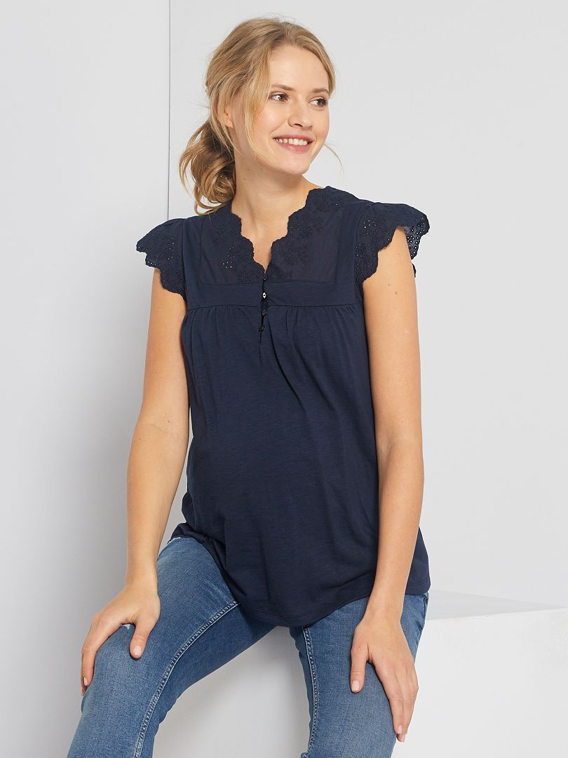 T-shirt pré-maman con ricamo punto inglese blu - Kiabi