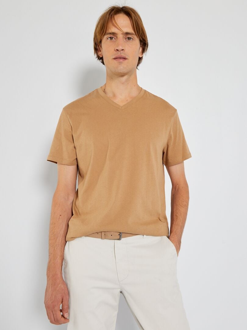 T-shirt regular in cotone scollo a V BEIGE - Kiabi