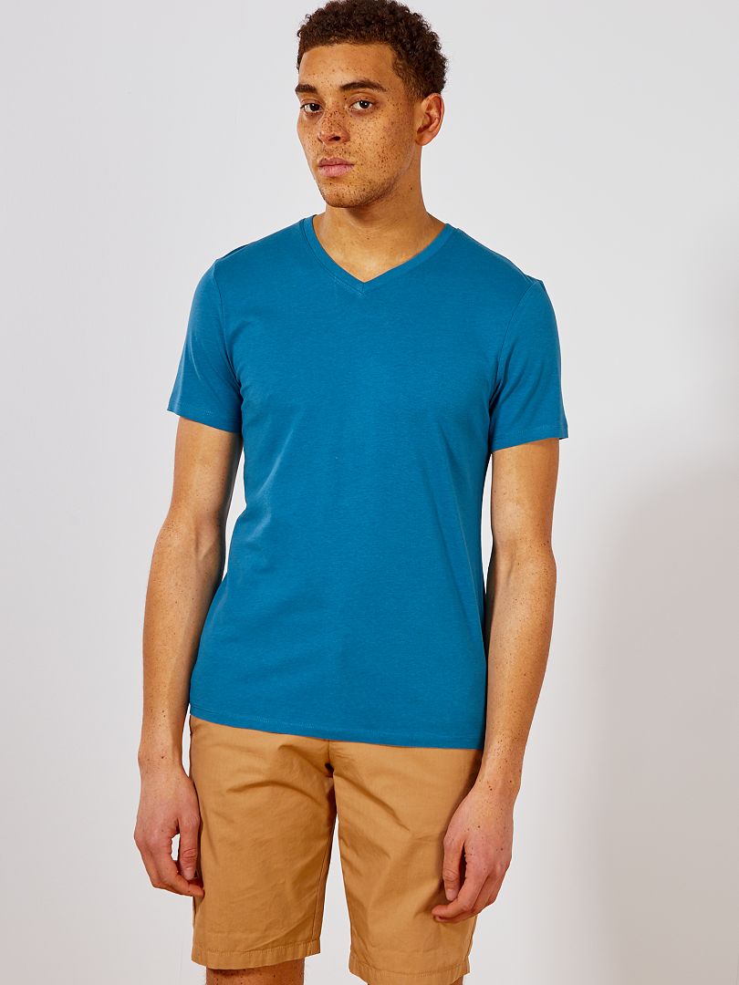 T-shirt regular in cotone scollo a V blu anatra - Kiabi