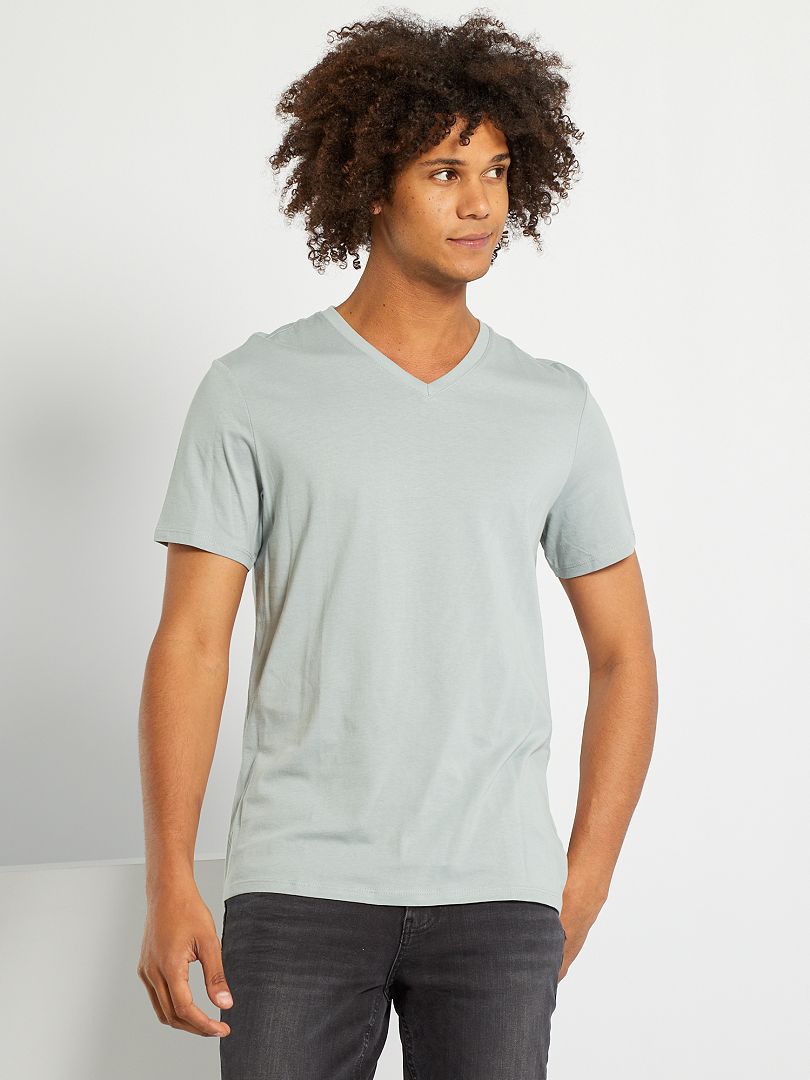 T-shirt regular in cotone scollo a V blu ardesia - Kiabi