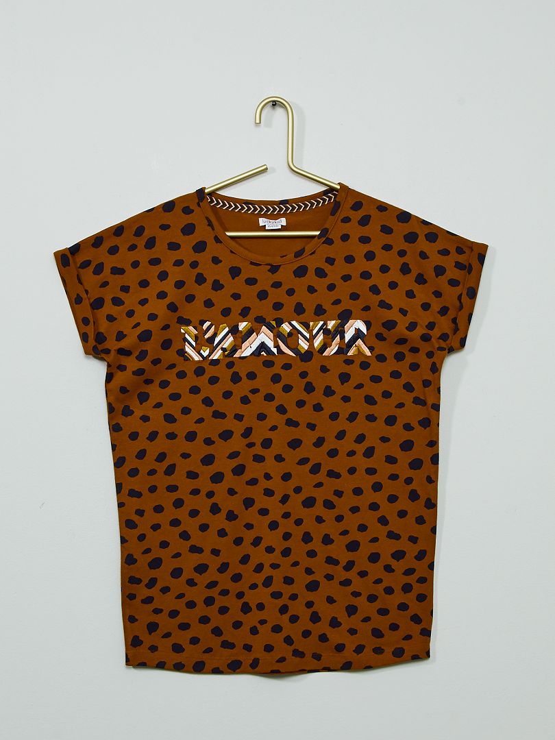 T-shirt ricamata maniche corte marrone - Kiabi