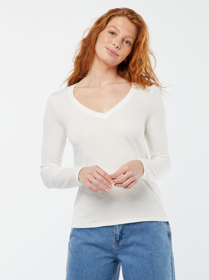 T-shirt scollo a V Bianco - Kiabi