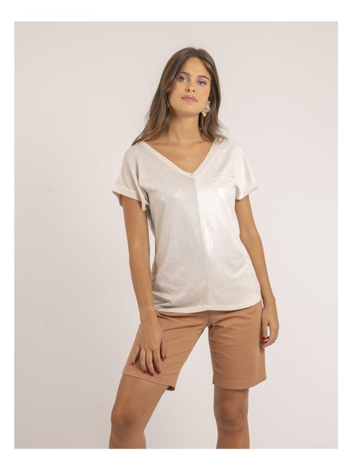 T-shirt scollo a V bimateriale FAZZY - Kiabi