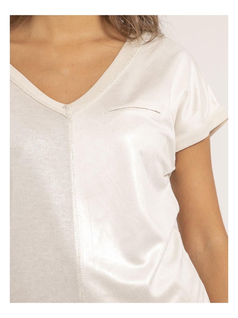 T-shirt scollo a V bimateriale FAZZY Beige - Kiabi