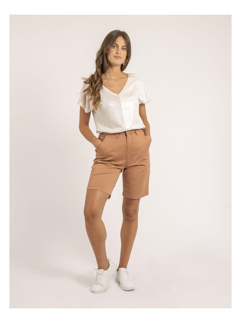 T-shirt scollo a V bimateriale FAZZY Beige - Kiabi