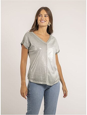 T-shirt scollo a V bimateriale FAZZY