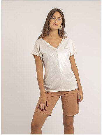 T-shirt scollo a V bimateriale FAZZY
