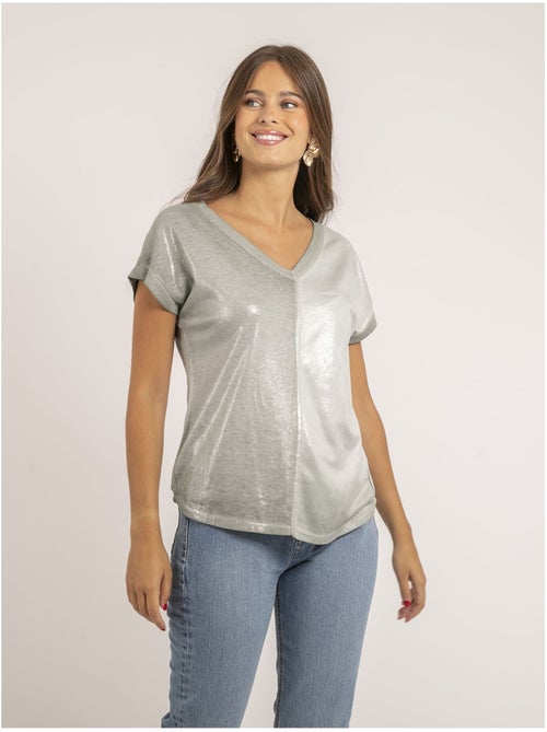 T-shirt scollo a V bimateriale FAZZY - Kiabi
