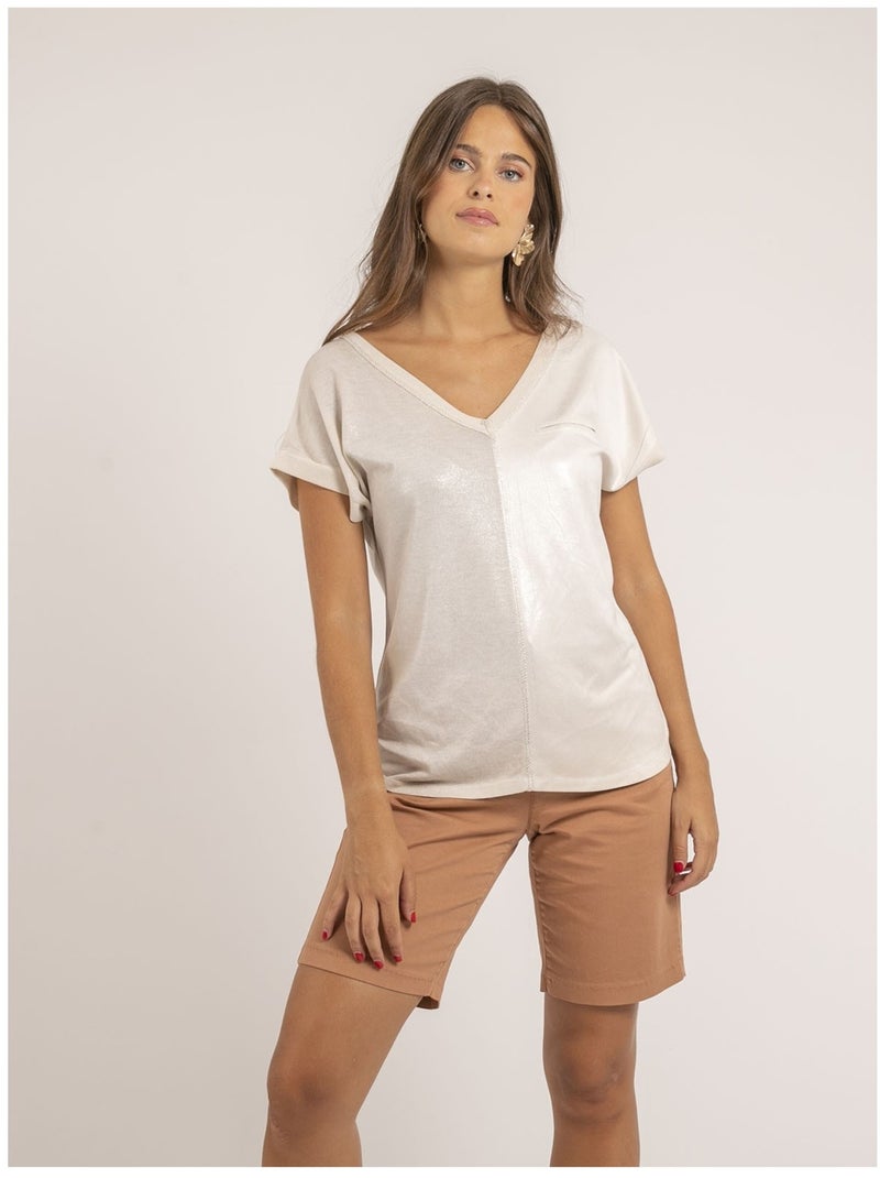 T-shirt scollo a V bimateriale FAZZY Rosa - Kiabi